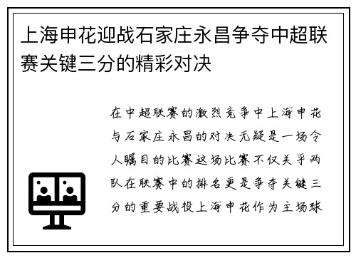 上海申花迎战石家庄永昌争夺中超联赛关键三分的精彩对决