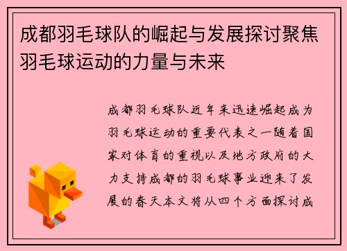 成都羽毛球队的崛起与发展探讨聚焦羽毛球运动的力量与未来