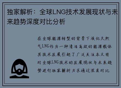 独家解析：全球LNG技术发展现状与未来趋势深度对比分析