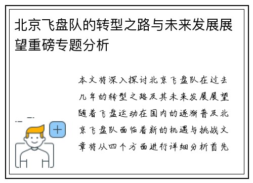 北京飞盘队的转型之路与未来发展展望重磅专题分析