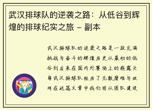 武汉排球队的逆袭之路：从低谷到辉煌的排球纪实之旅 - 副本