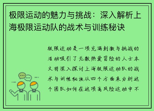 极限运动的魅力与挑战：深入解析上海极限运动队的战术与训练秘诀